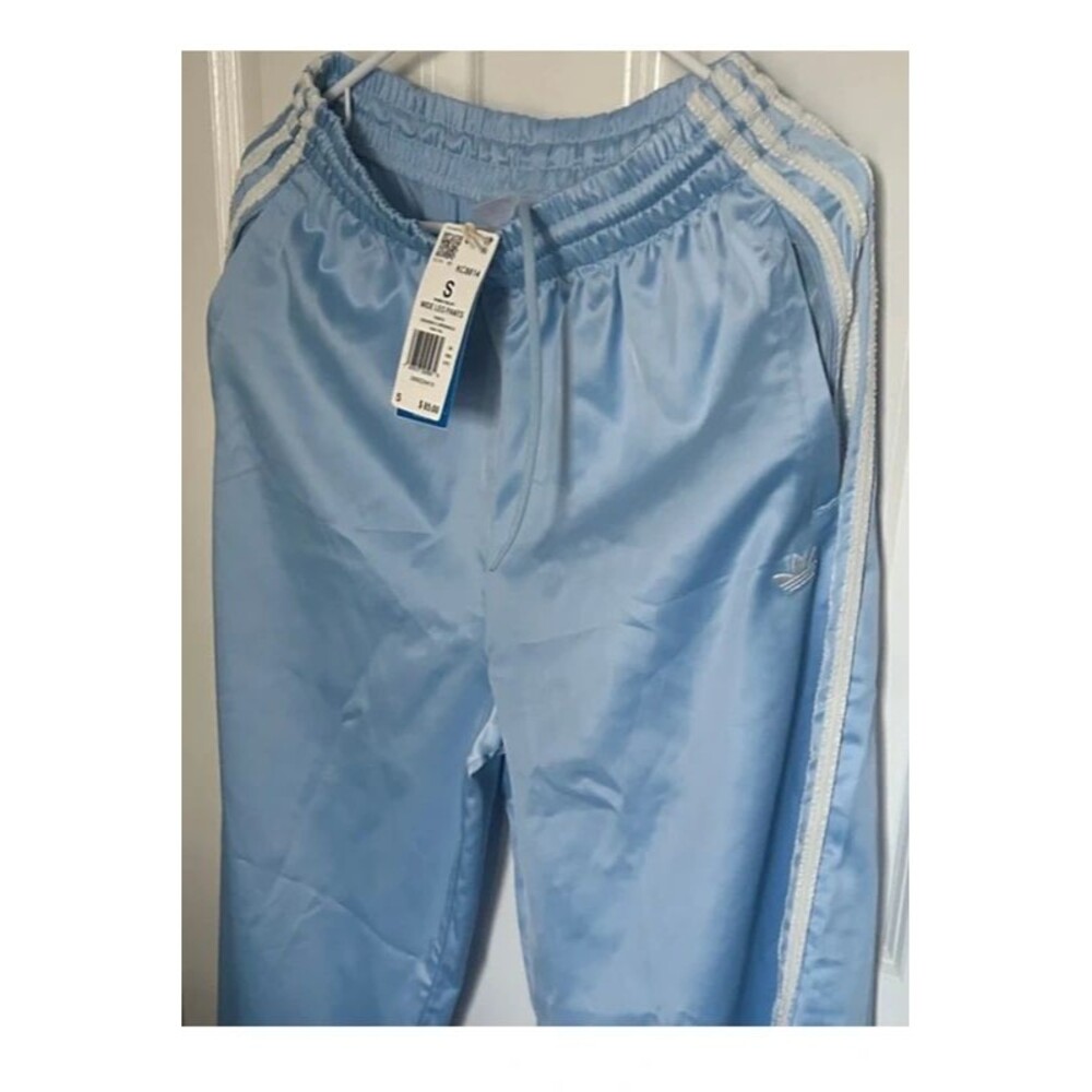 NWT - adidas Track Pant Satin Bottoms Baby Blue White Ruffle Stripes - Picture 5 of 9
